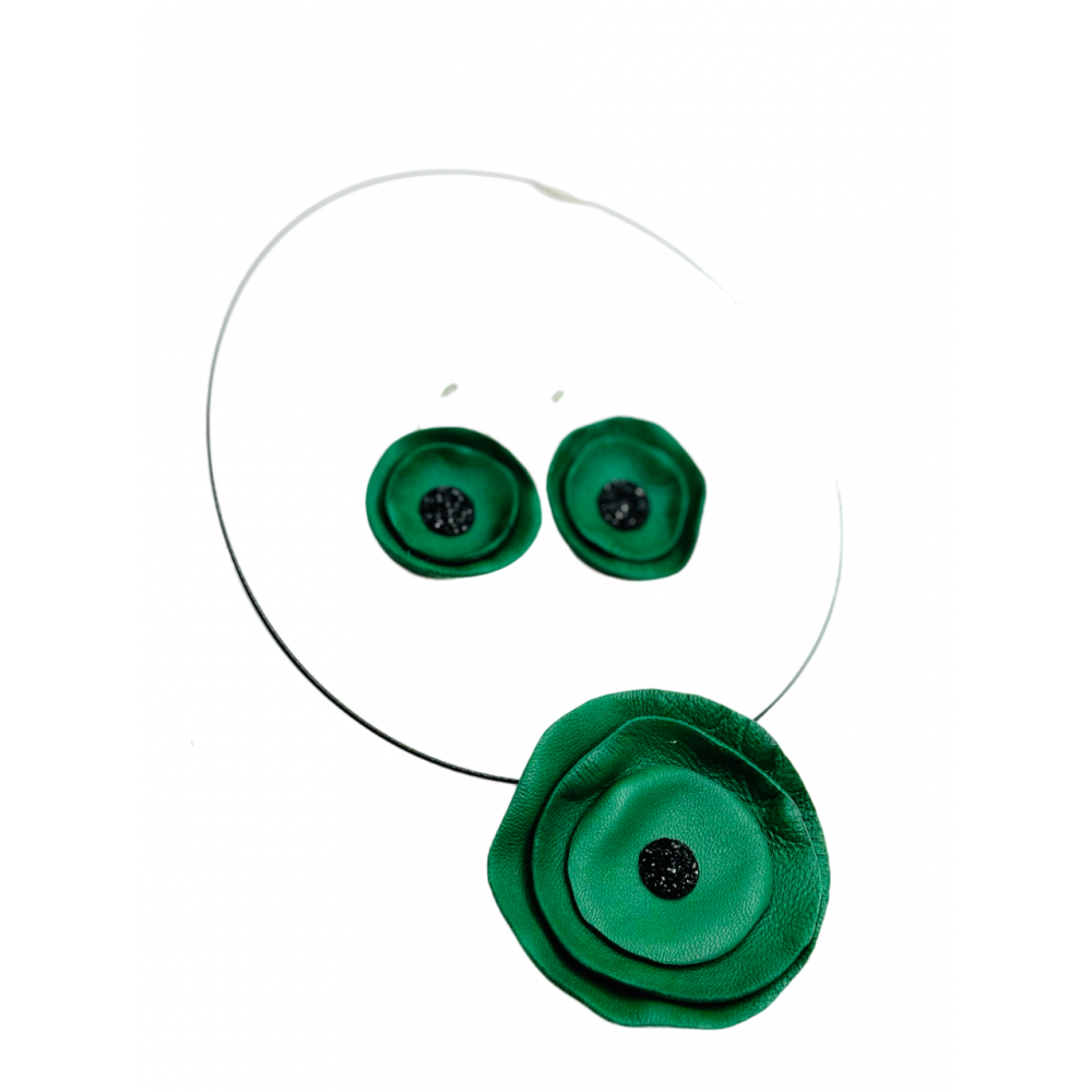 Set Colier + Cercei Handmade din Piele Naturala Verde Maci - readytowear.ro